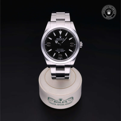 Rolex Certified Pre-owned Explorer M214270-0001 front on black background