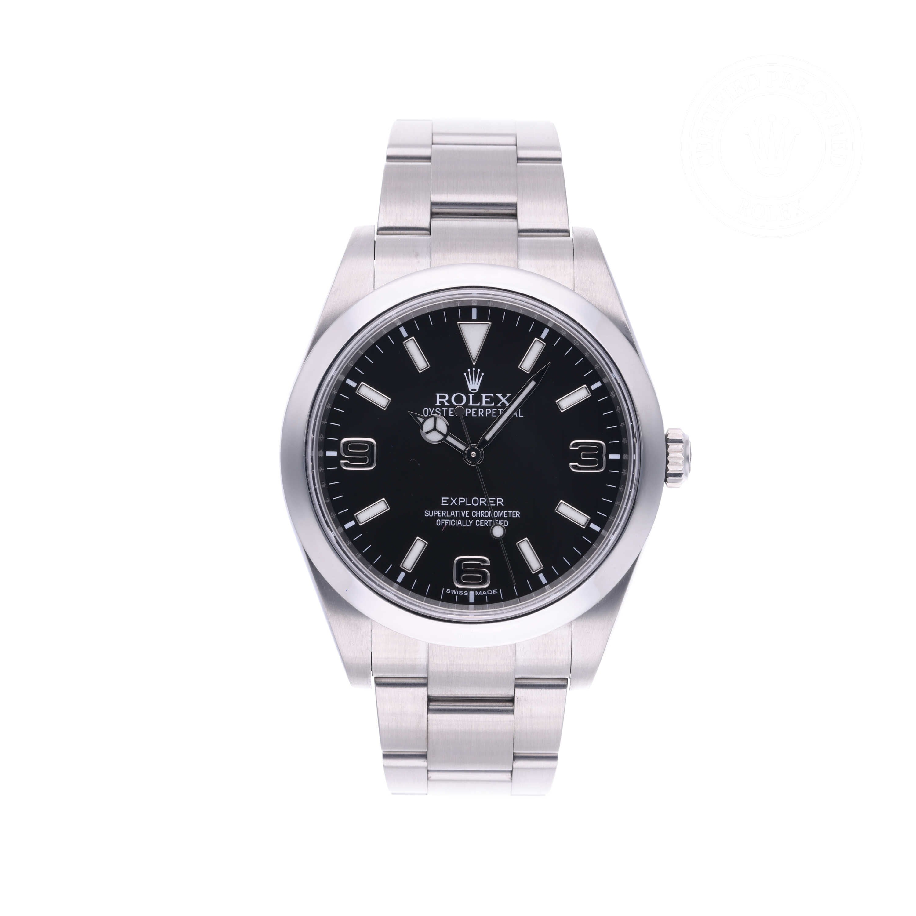Rolex Certified Pre-owned Explorer M214270-0001 front on white background
