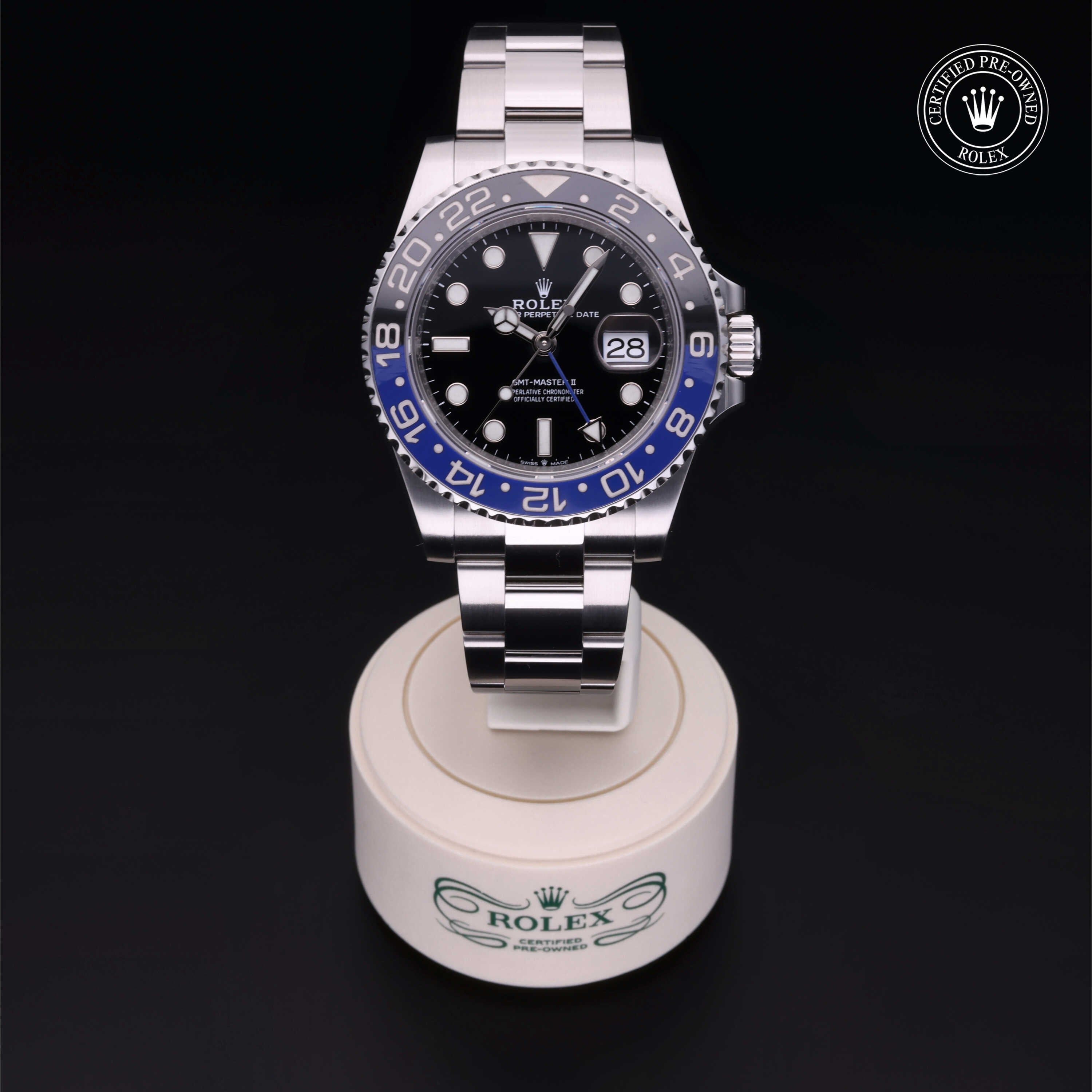Rolex Certified Pre-owned GMT M126710BLNR-0003 front on black background