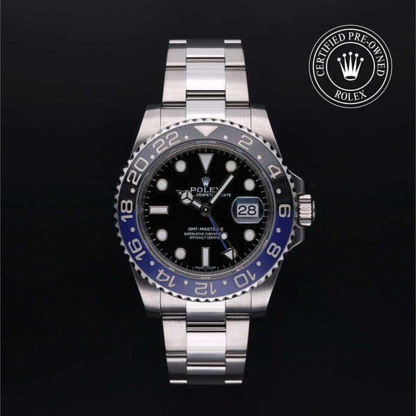 Rolex Certified Pre-owned GMT M116710BLNR-0002 front on black background