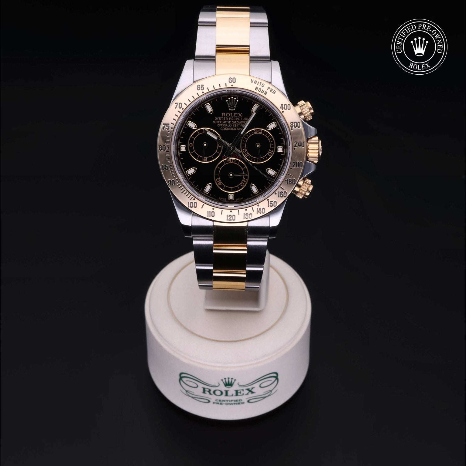 Rolex Certified Pre-owned Daytona M116523-0039 front on black background