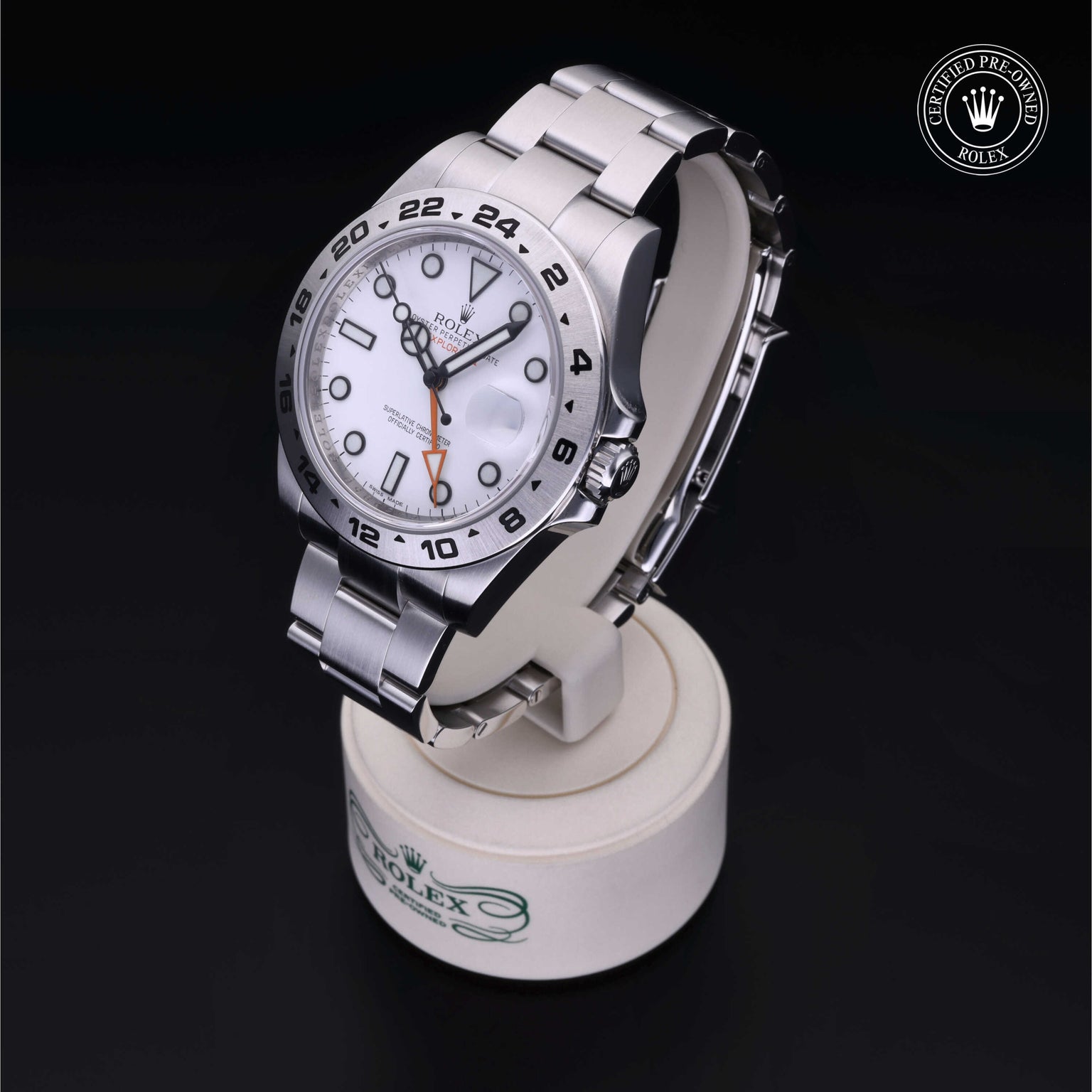 Rolex Certified Pre-owned Explorer M216570-0001 front on black background