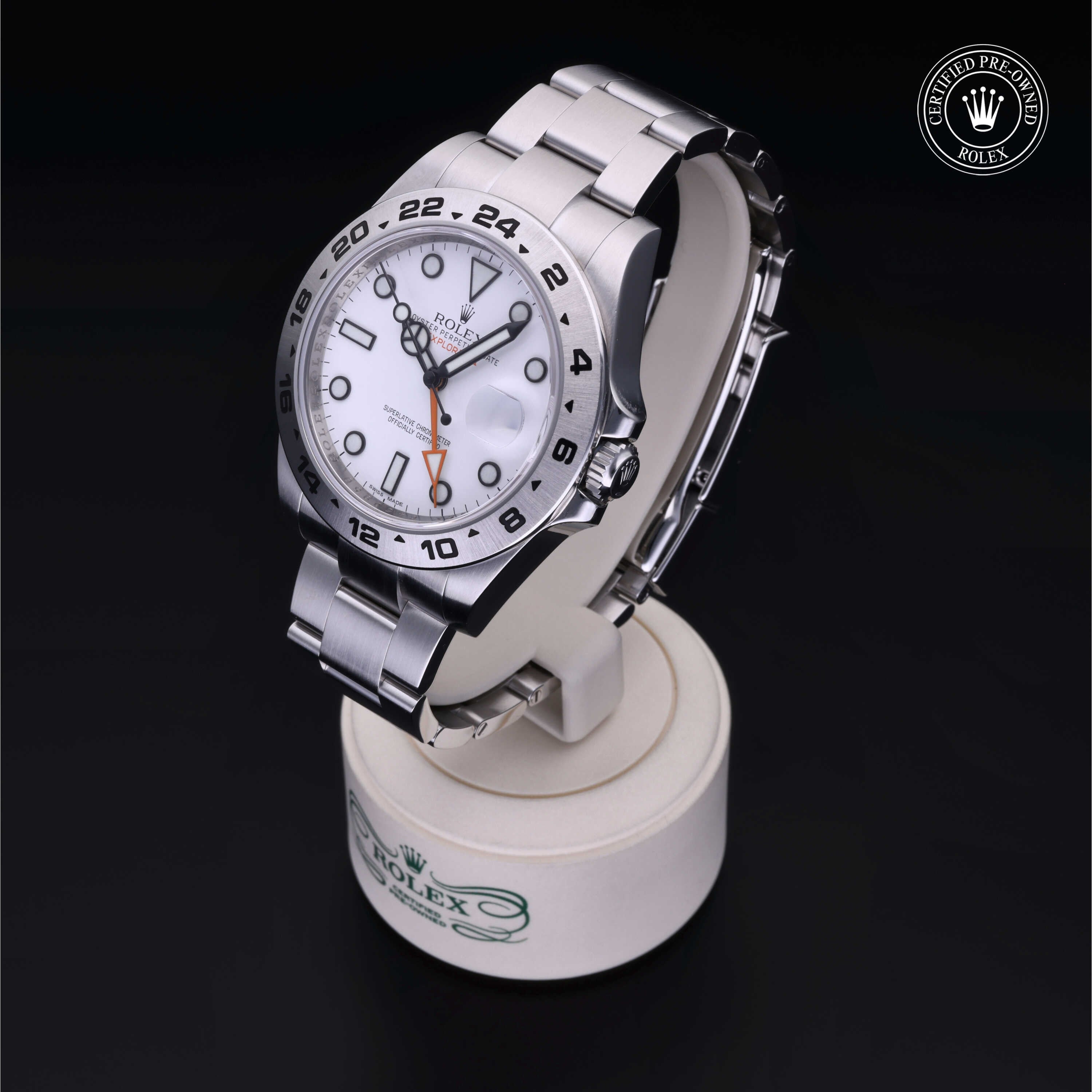 Rolex Certified Pre-owned Explorer M216570-0001 front on black background