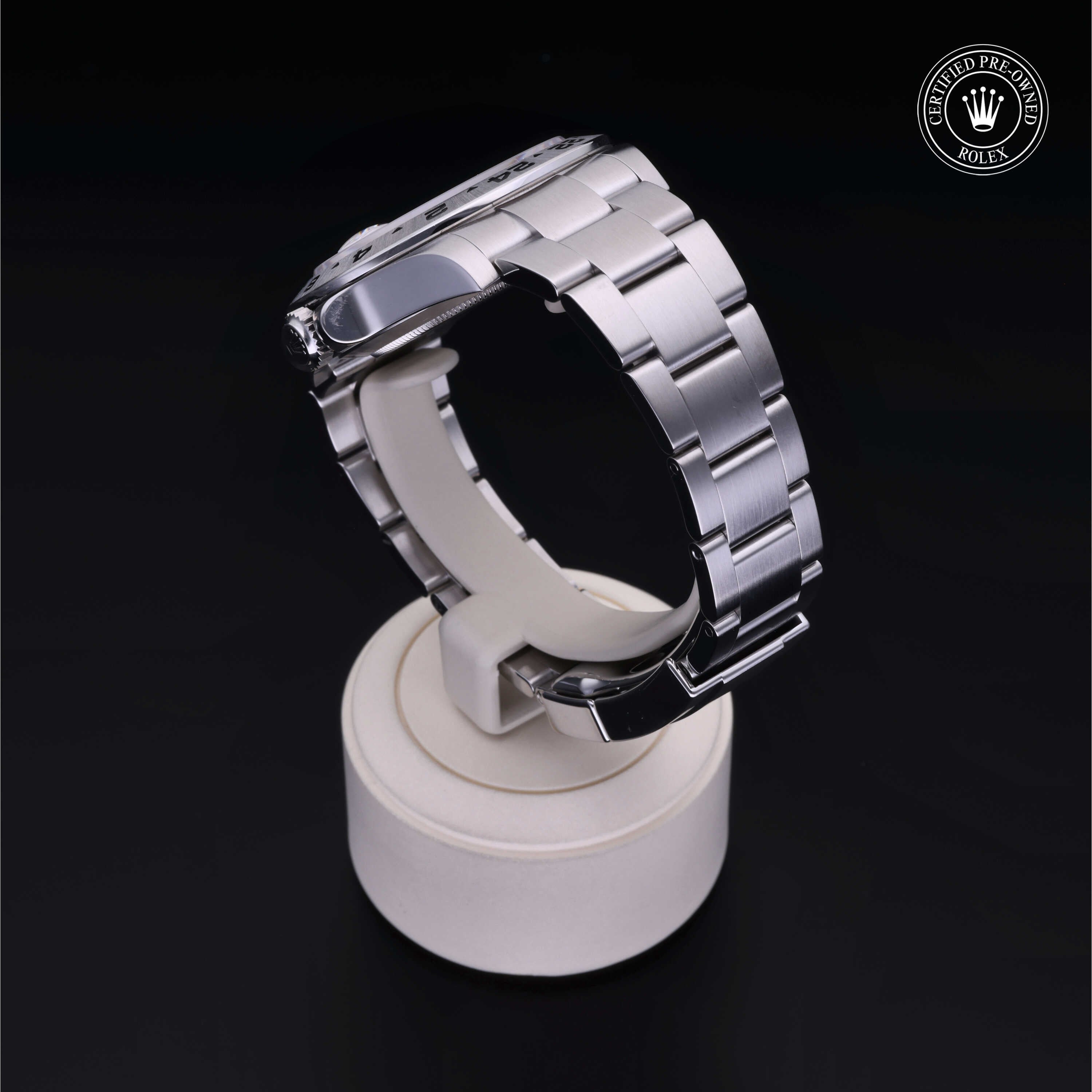 Rolex Certified Pre-owned Explorer M216570-0001 front on black background