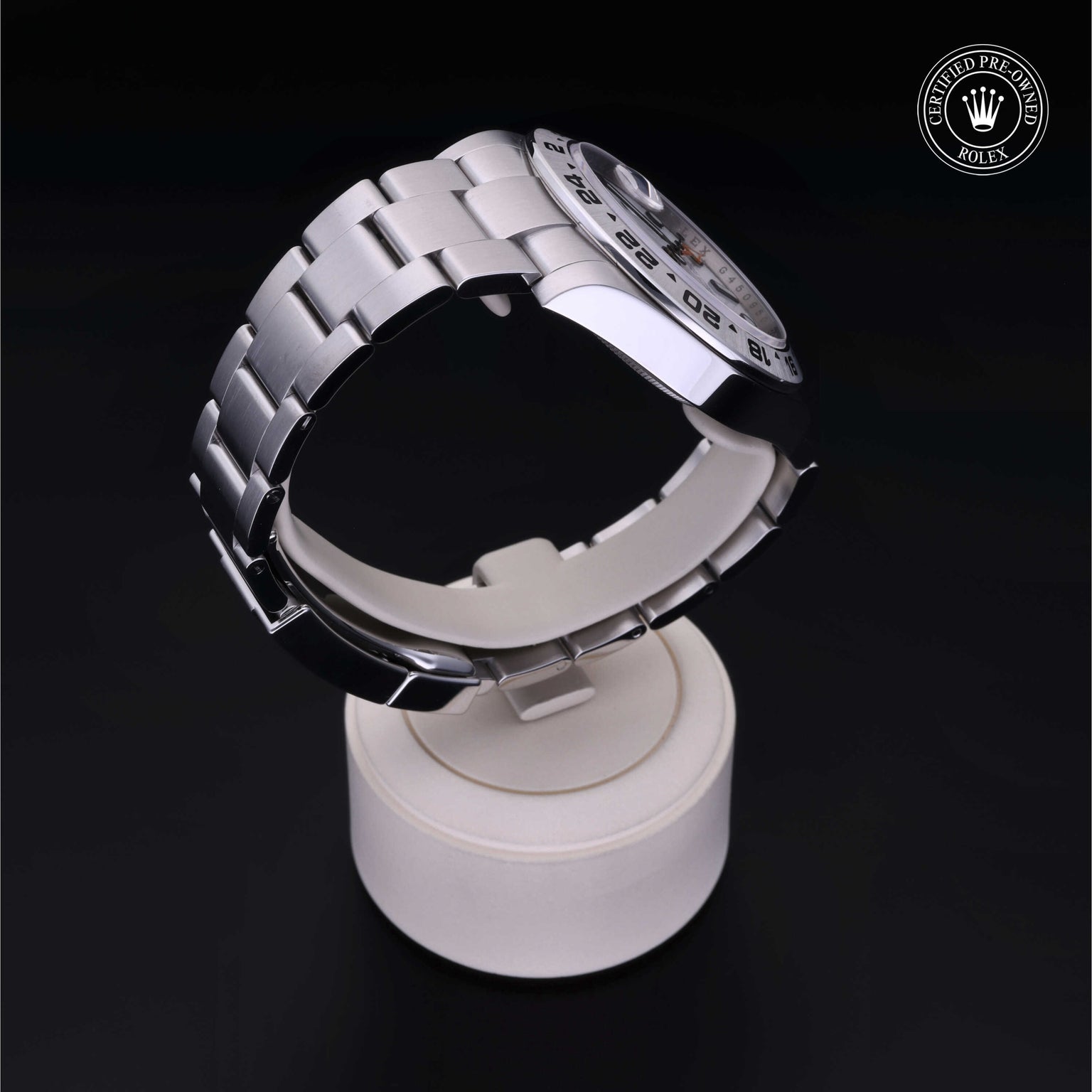 Rolex Certified Pre-owned Explorer M216570-0001 front on black background