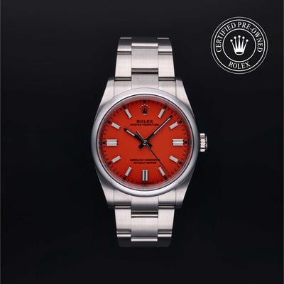 Rolex Certified Pre-owned Oyster Perpetual M126000-0007 front on black background