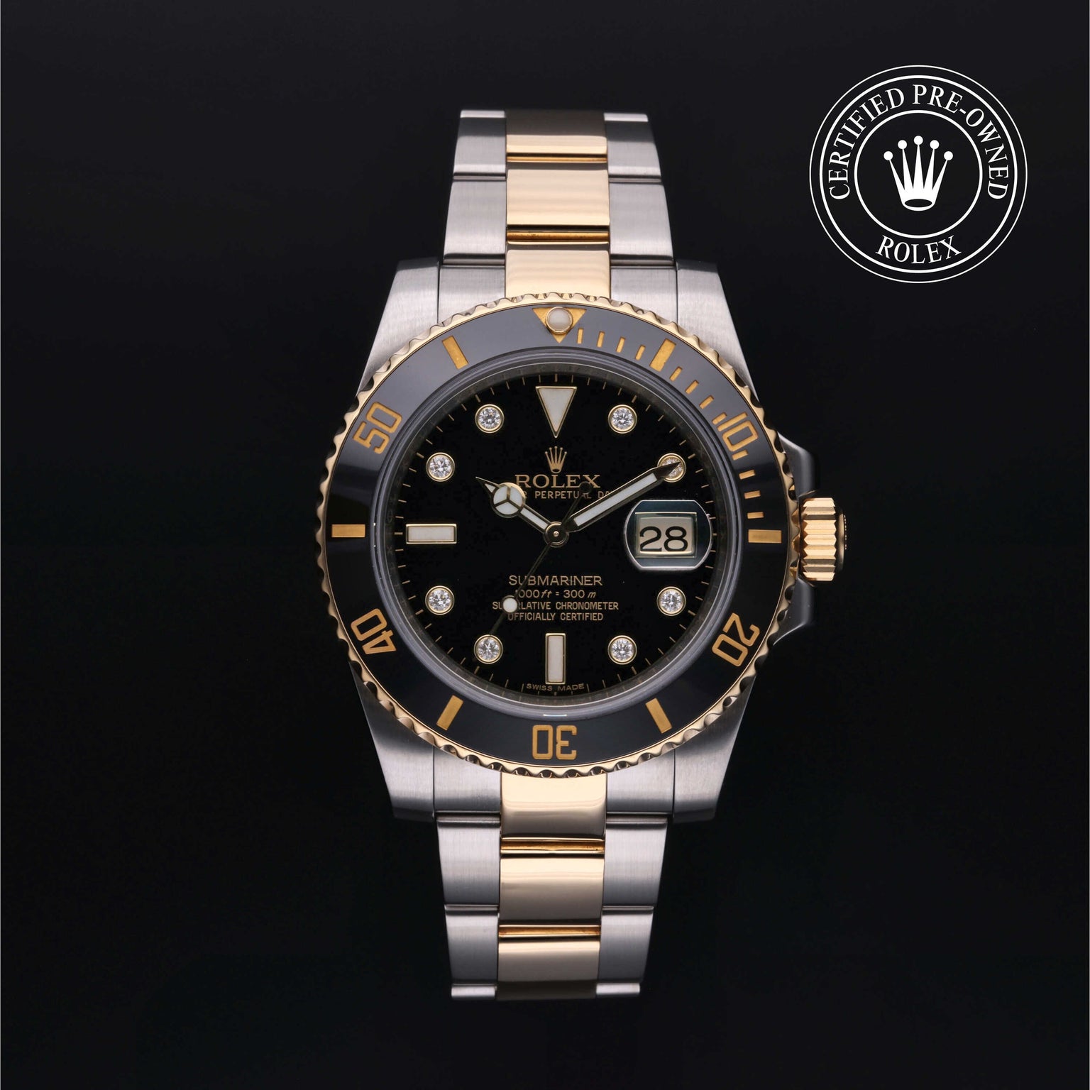 Rolex Certified Pre-owned Submariner Date M116613LN-0003 front on black background