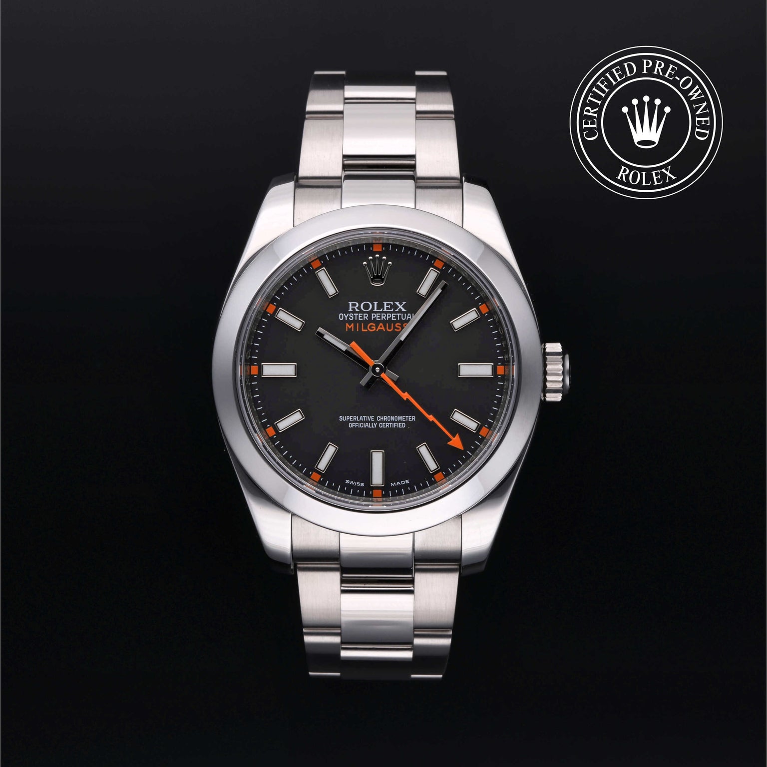 Rolex Certified Pre-owned Milgauss M116400-0001 front on black background