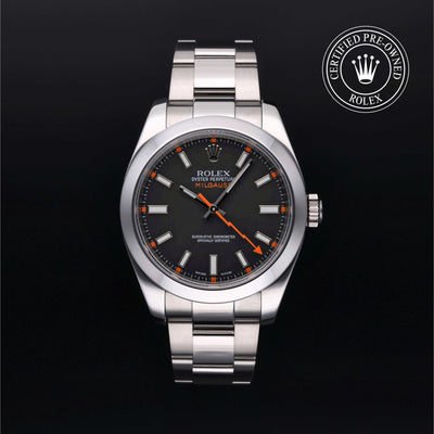 Rolex Certified Pre-owned Milgauss M116400-0001 front on black background