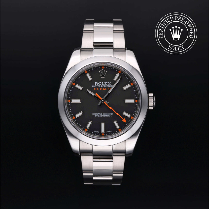 Rolex Certified Pre-owned Milgauss M116400-0001 front on black background
