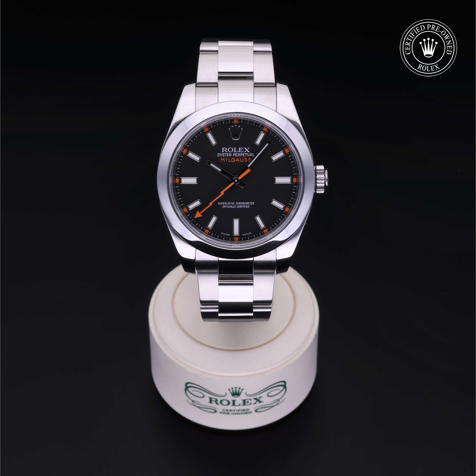 Rolex Certified Pre-owned Milgauss M116400-0001 front on black background