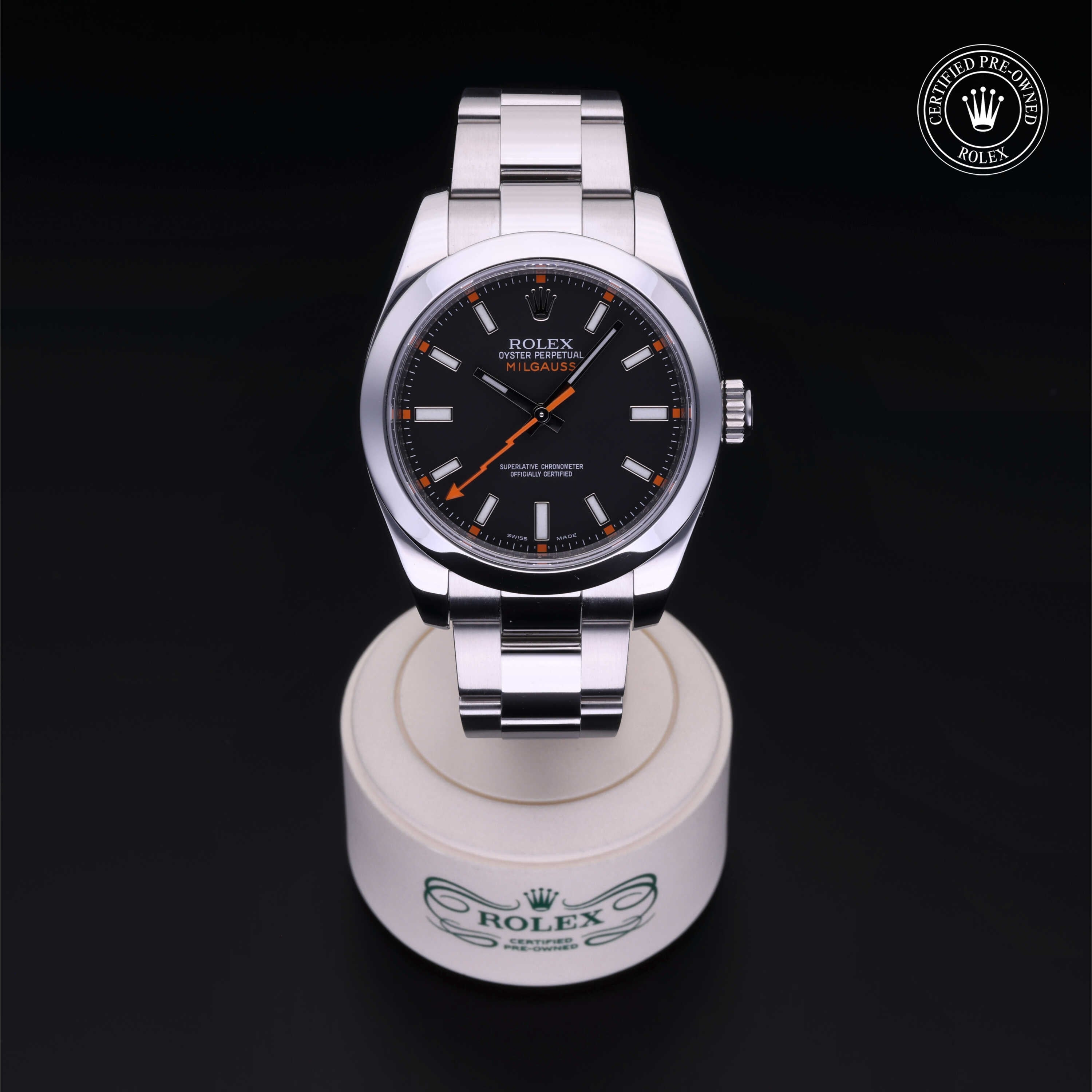 Rolex Certified Pre-owned Milgauss M116400-0001 front on black background