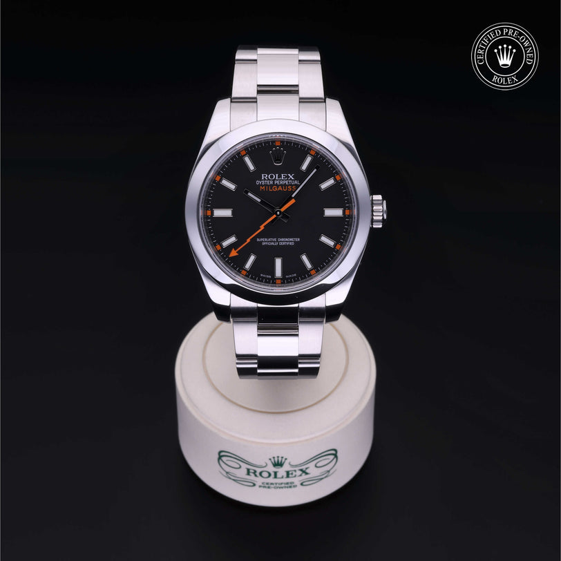 Rolex Certified Pre-owned Milgauss M116400-0001 front on black background