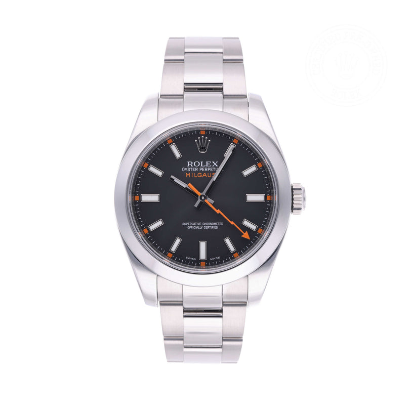 Rolex Certified Pre-owned Milgauss M116400-0001 front on white background
