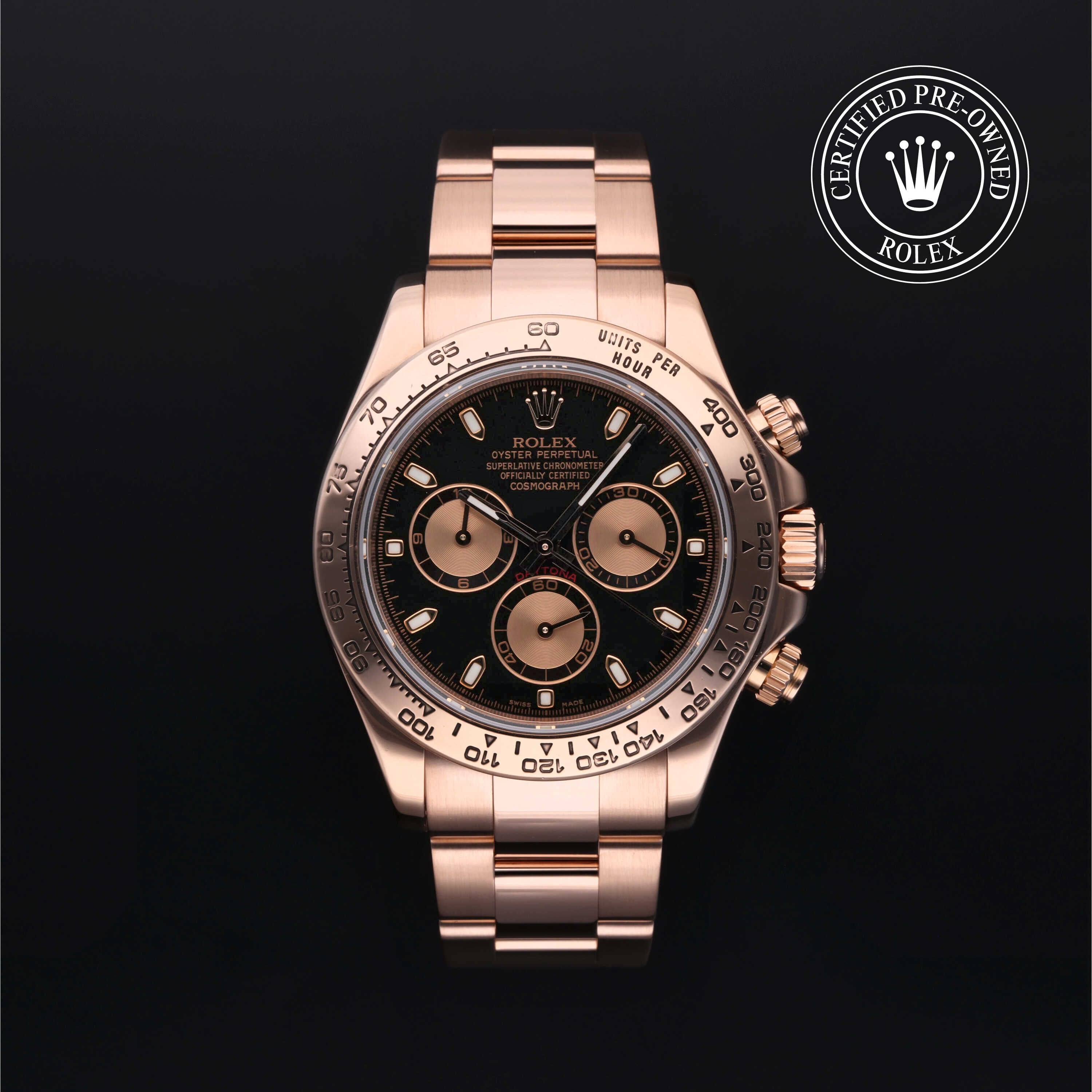 Rolex Certified Pre-owned Daytona M116505-0002 front on black background