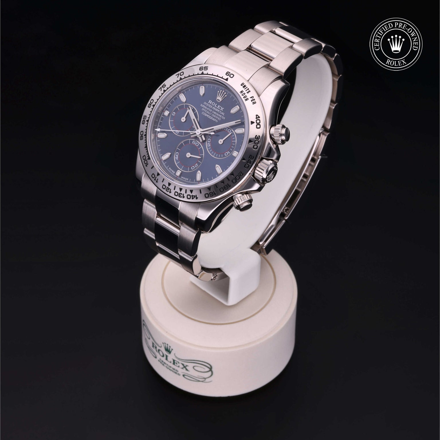 Rolex Certified Pre-owned Daytona M116509-0036 front on black background