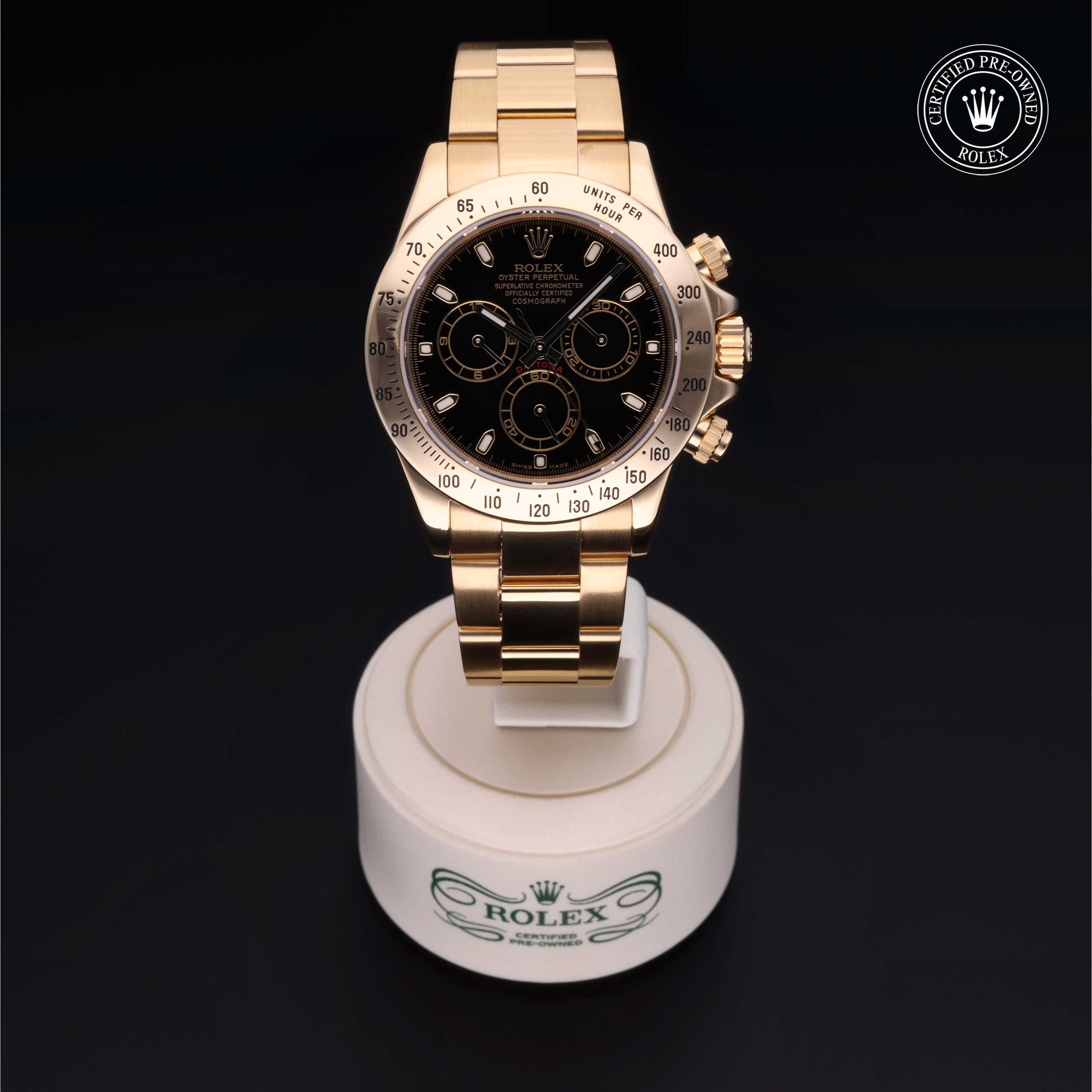 Rolex Certified Pre-owned Daytona M116528-0014 front on black background