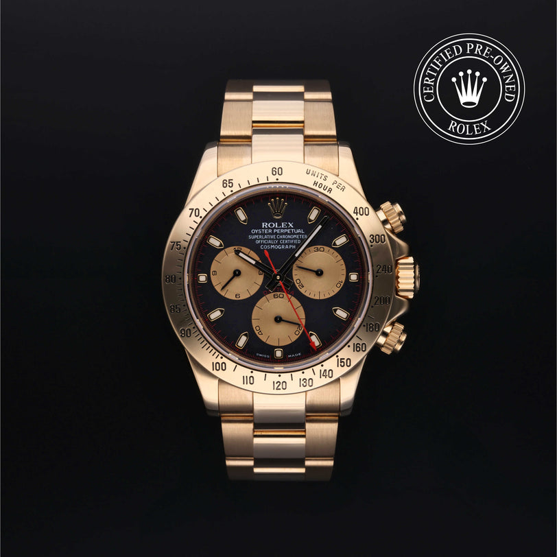 Rolex Certified Pre-owned Daytona M116528-0017 front on black background