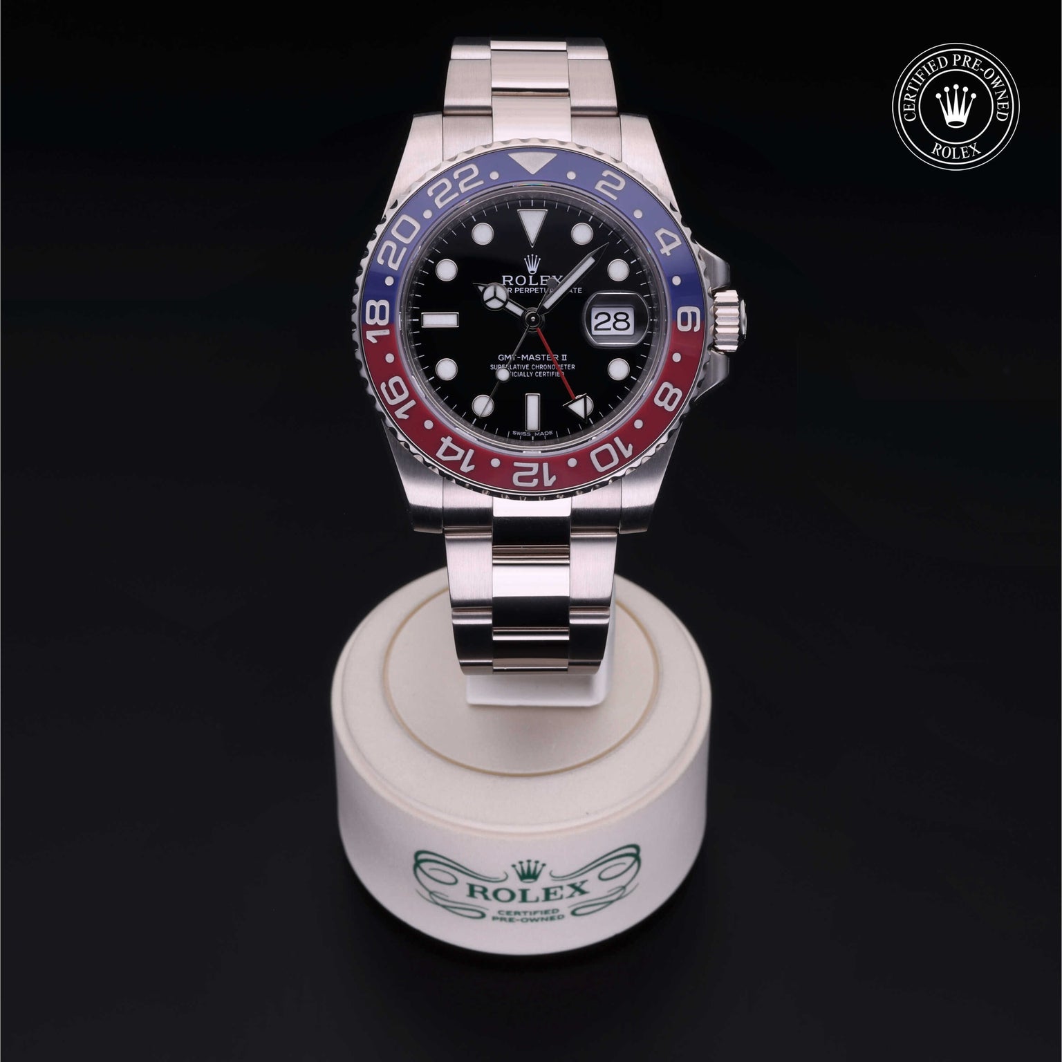 Rolex Certified Pre-owned GMT II M116719BLRO-0001 front on black background
