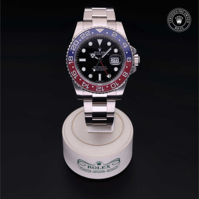 Rolex Certified Pre-owned GMT II M116719BLRO-0001 front on black background