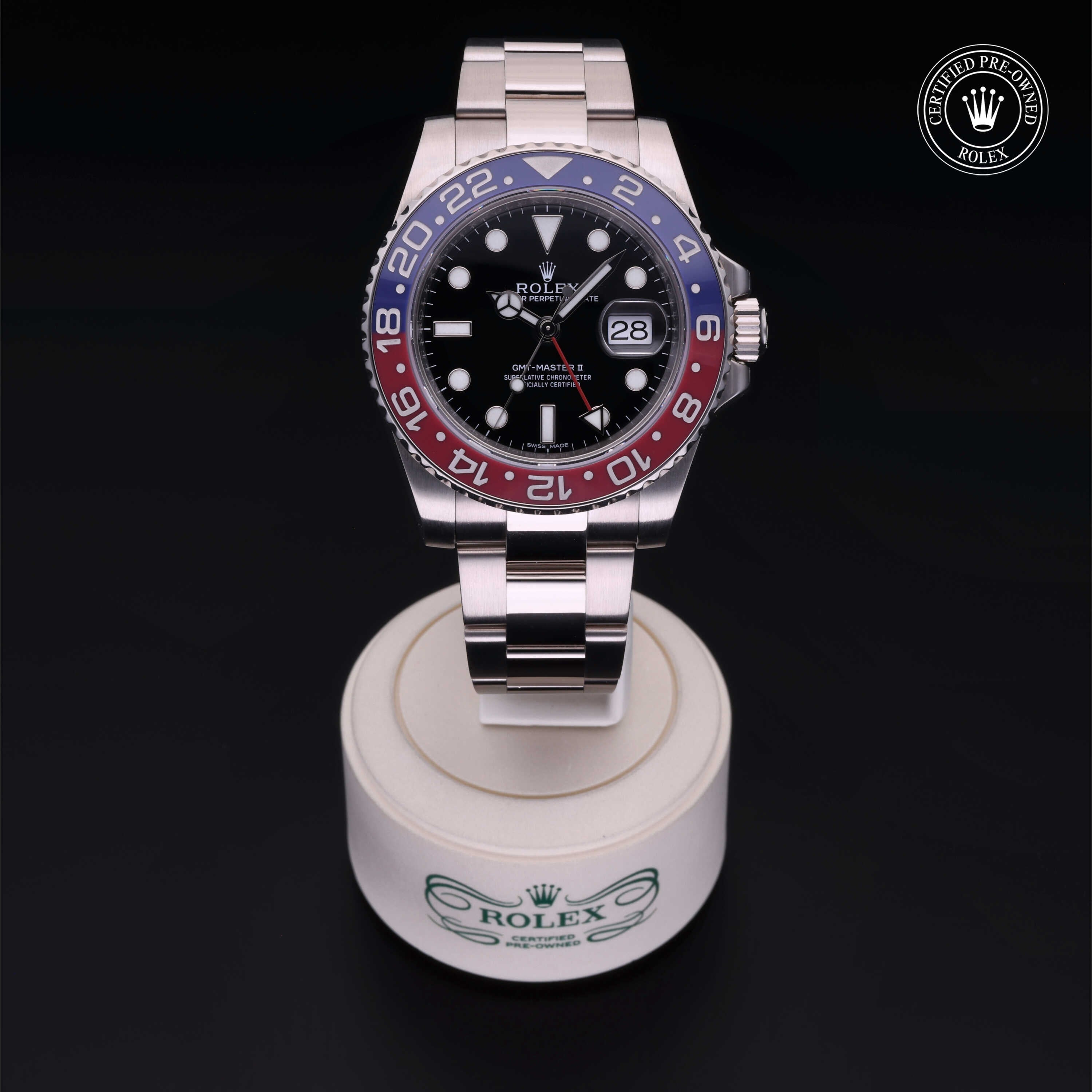 Rolex Certified Pre-owned GMT II M116719BLRO-0001 front on black background