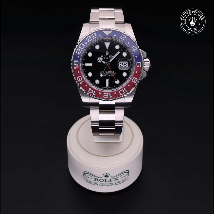 Rolex Certified Pre-owned GMT II M116719BLRO-0001 front on black background