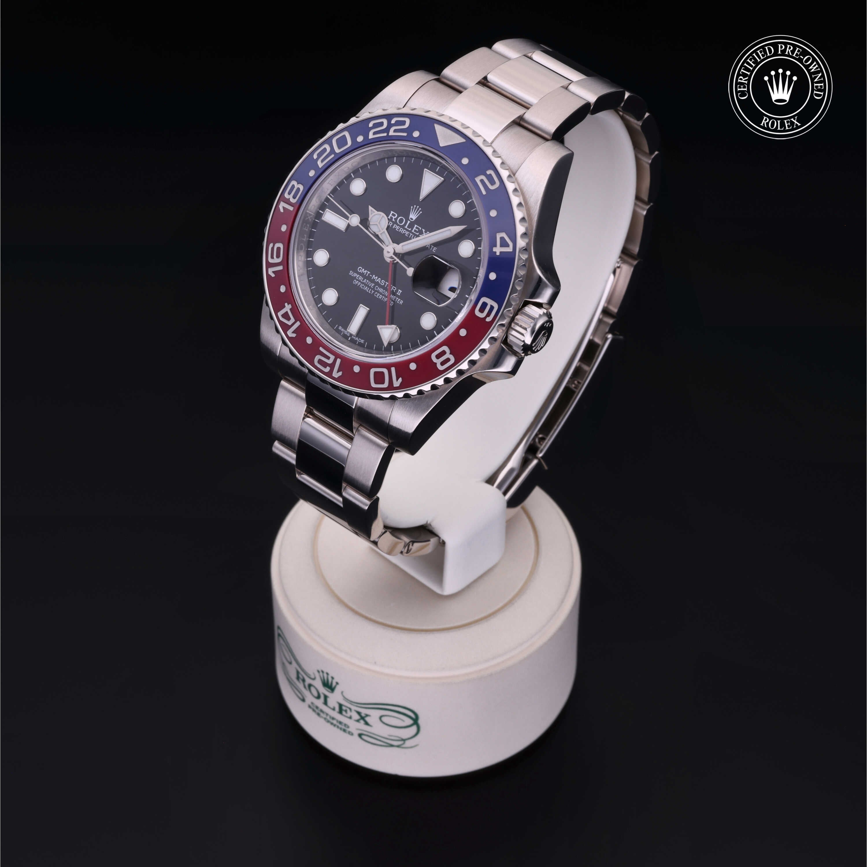 Rolex Certified Pre-owned GMT II M116719BLRO-0001 front on black background