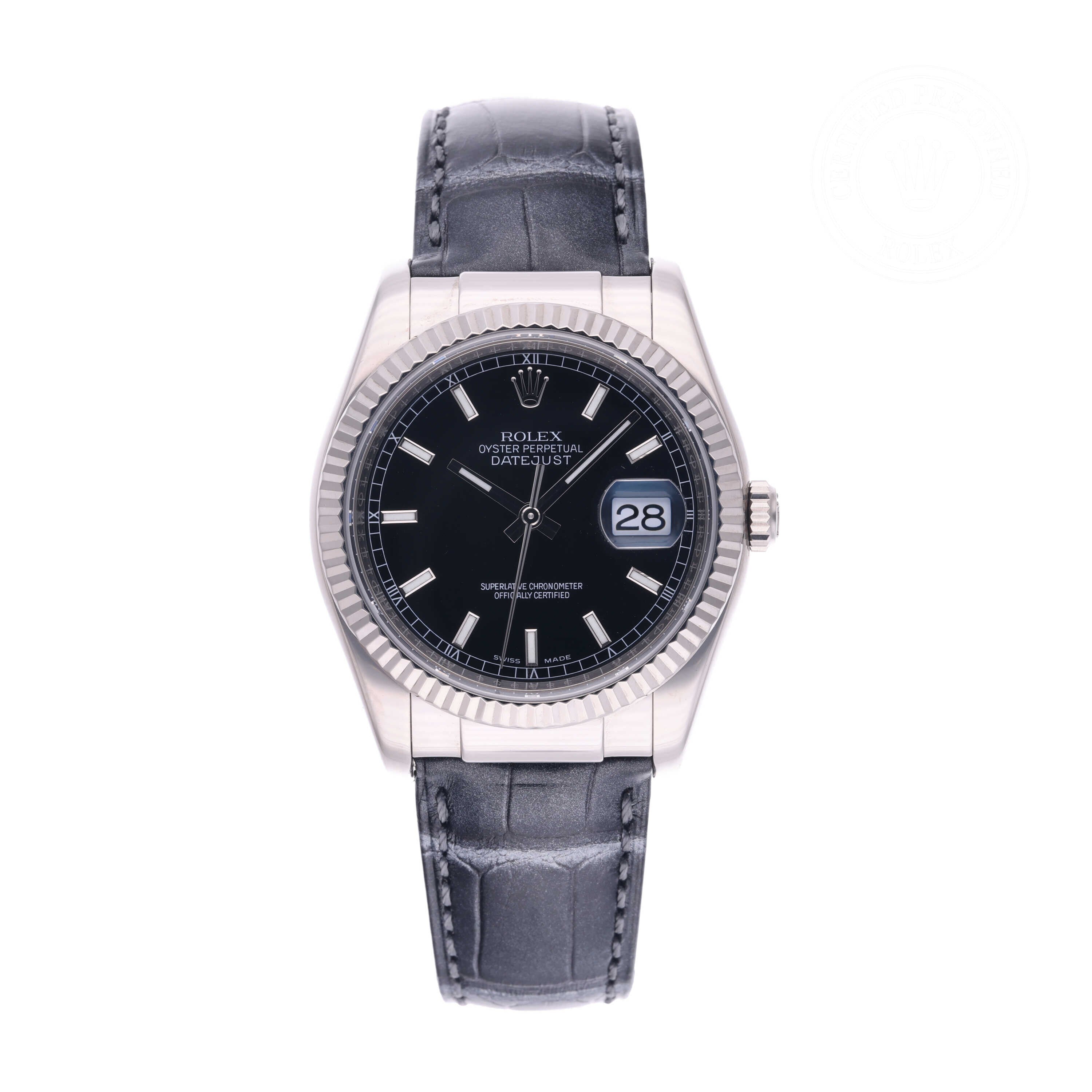 Rolex Certified Pre-owned Datejust M116139-0043 front on white background