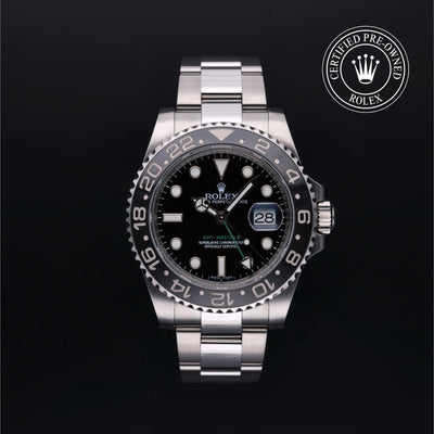 Rolex Certified Pre-owned GMT M116710LN-0001 front on black background