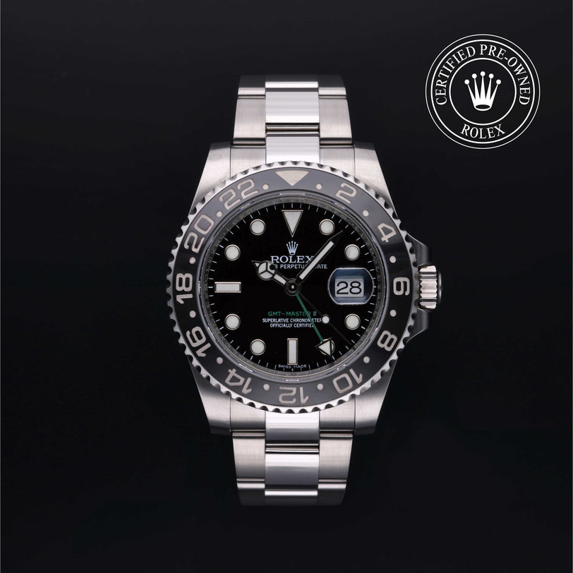 Rolex Certified Pre-owned GMT M116710LN-0001 front on black background