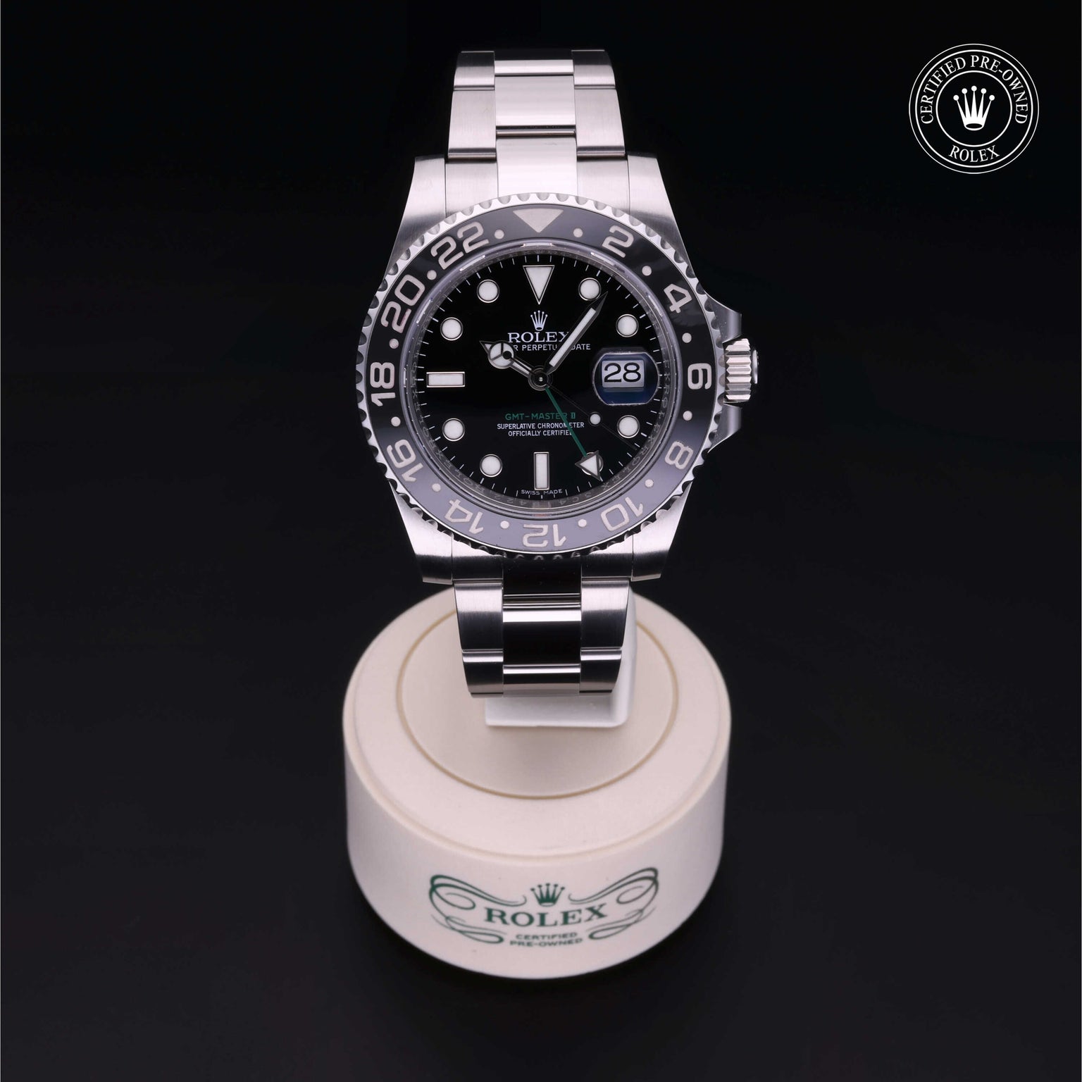 Rolex Certified Pre-owned GMT M116710LN-0001 front on black background