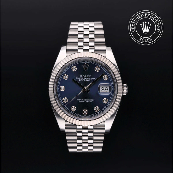 Rolex Certified Pre-owned Datejust M126334-0016 front on black background