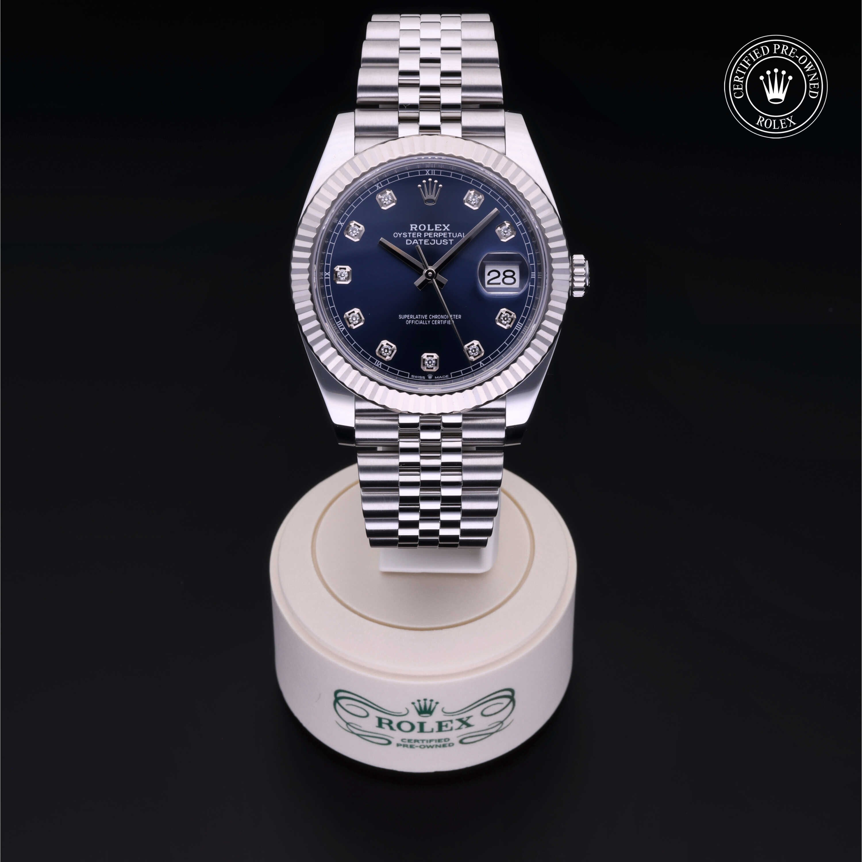 Rolex Certified Pre-owned Datejust M126334-0016 front on black background