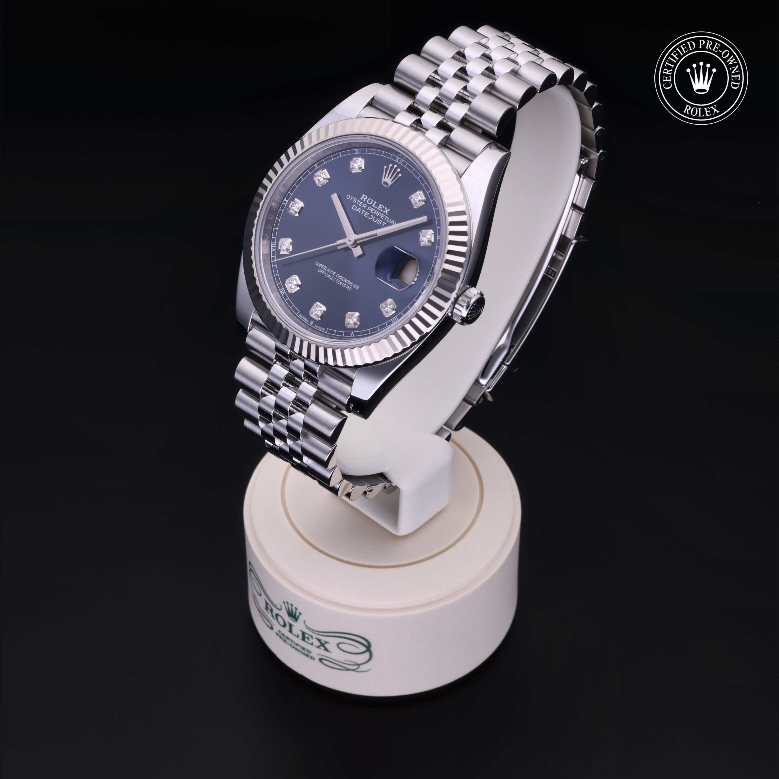 Rolex Certified Pre-owned Datejust M126334-0016 front on black background