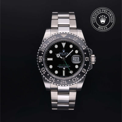 Rolex Certified Pre-owned GMT M116710LN-0001 front on black background
