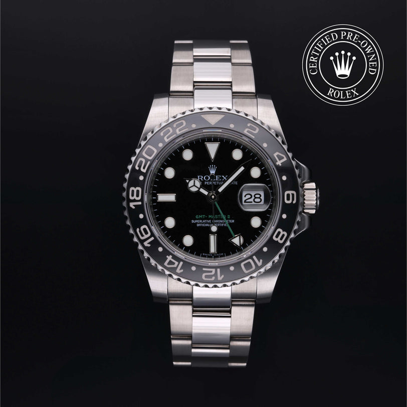 Rolex Certified Pre-owned GMT M116710LN-0001 front on black background