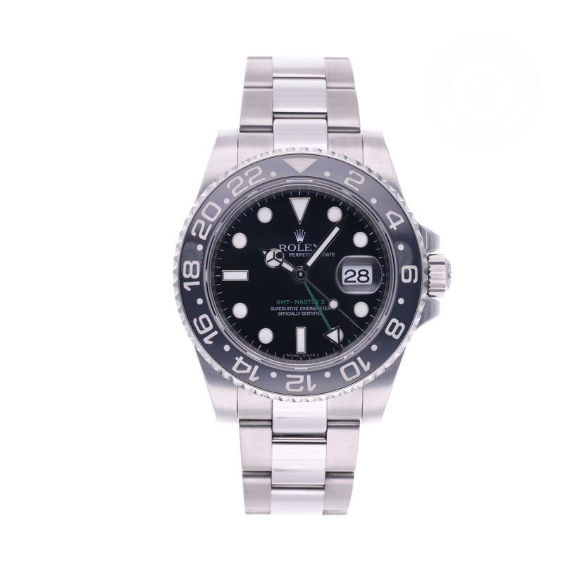 Rolex Certified Pre-owned GMT M116710LN-0001 front on white background
