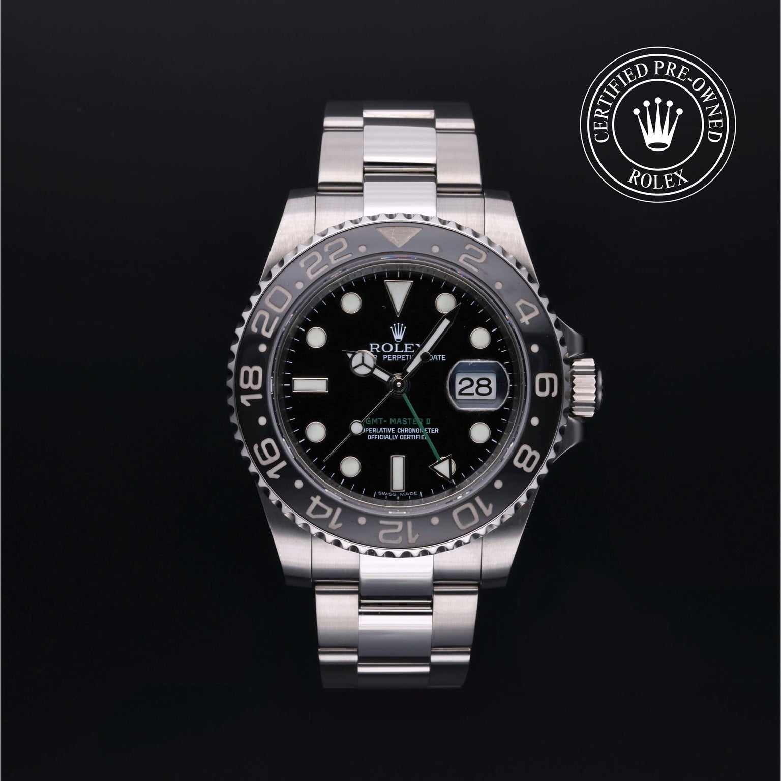 Rolex Certified Pre-owned GMT II M116710LN-0001 front on black background