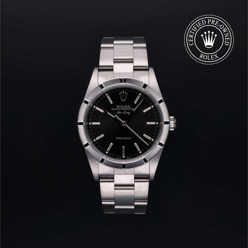 Rolex Certified Pre-owned Air-King M14010M-0012 front on black background
