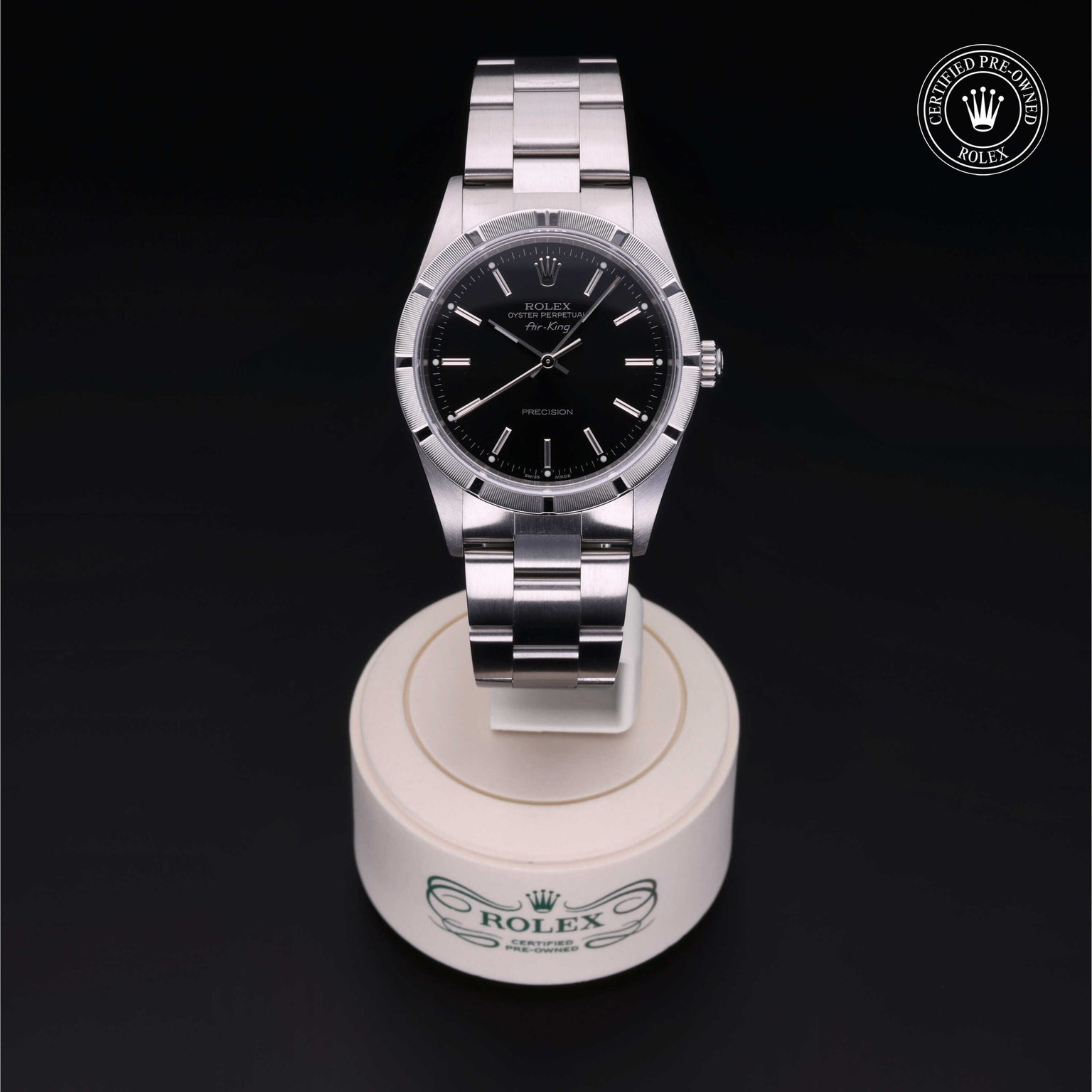 Rolex Certified Pre-owned Air-King M14010M-0012 front on black background