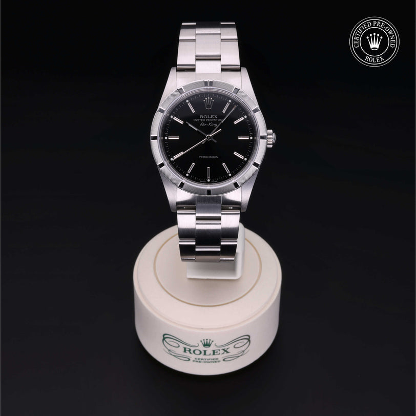 Rolex Certified Pre-owned Air-King M14010M-0012 front on black background