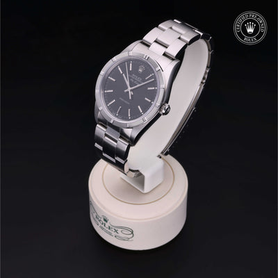 Rolex Certified Pre-owned Air-King M14010M-0012 front on black background