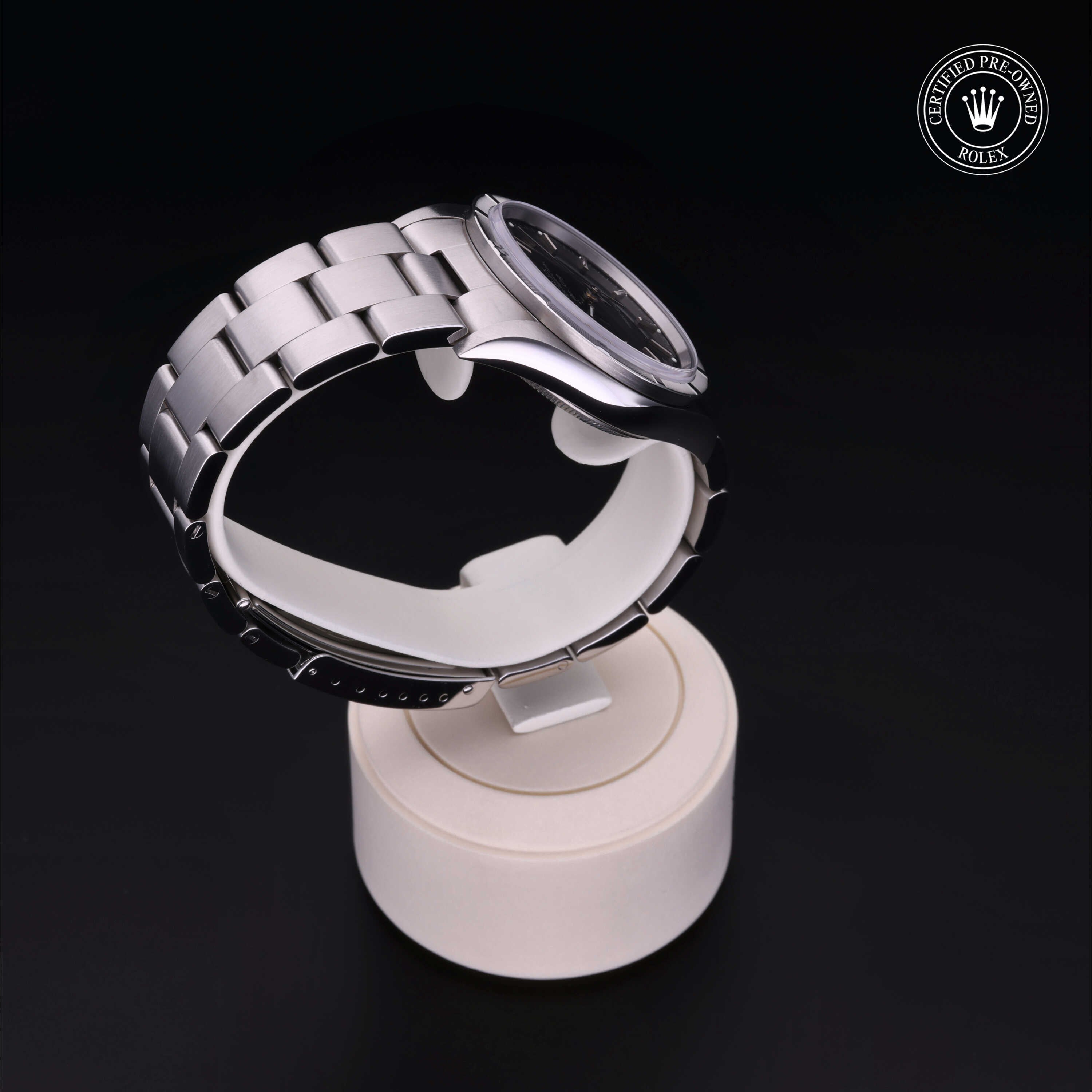 Rolex Certified Pre-owned Air-King M14010M-0012 front on black background