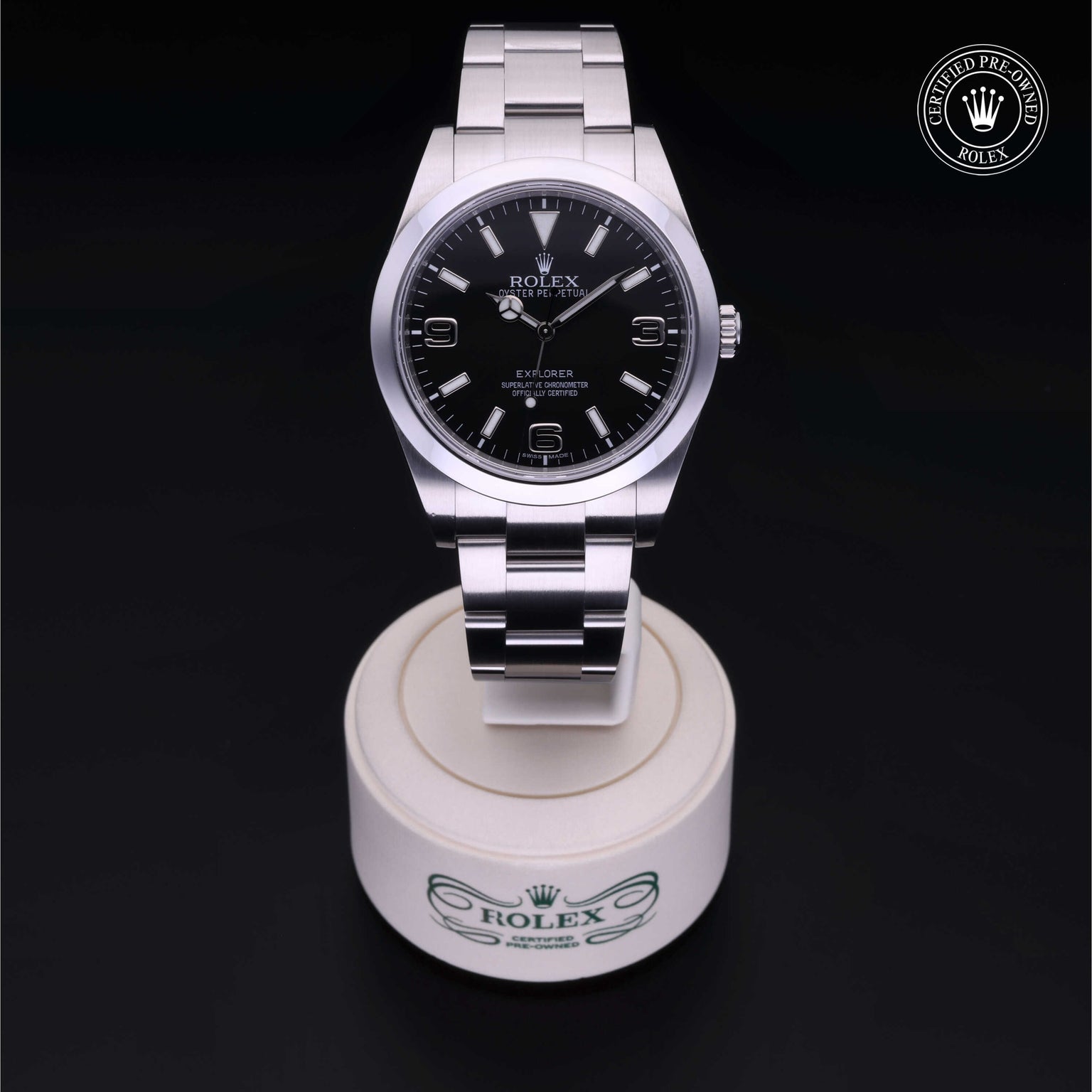 Rolex Certified Pre-owned Explorer M214270-0001 front on black background