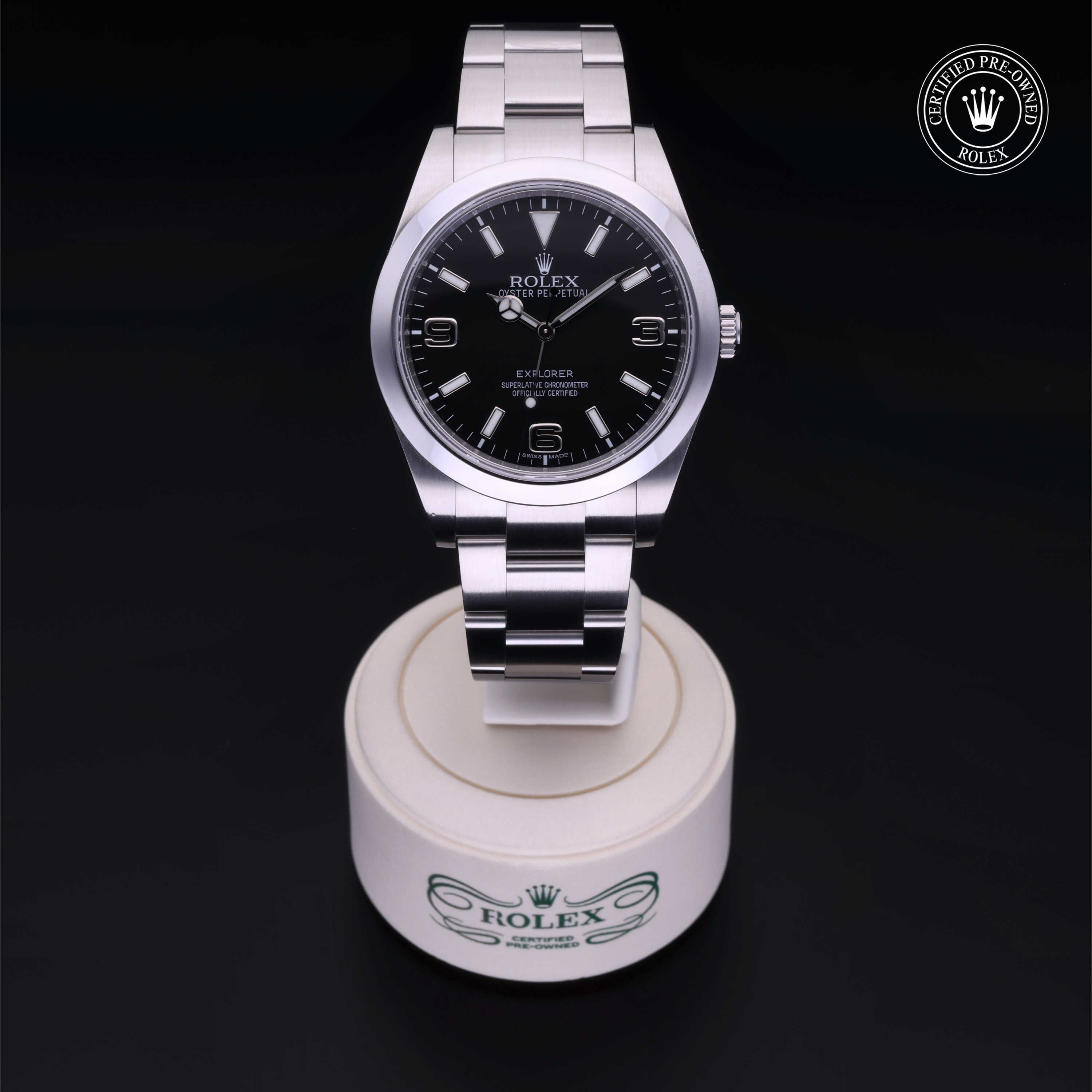Rolex Certified Pre-owned Explorer M214270-0001 front on black background