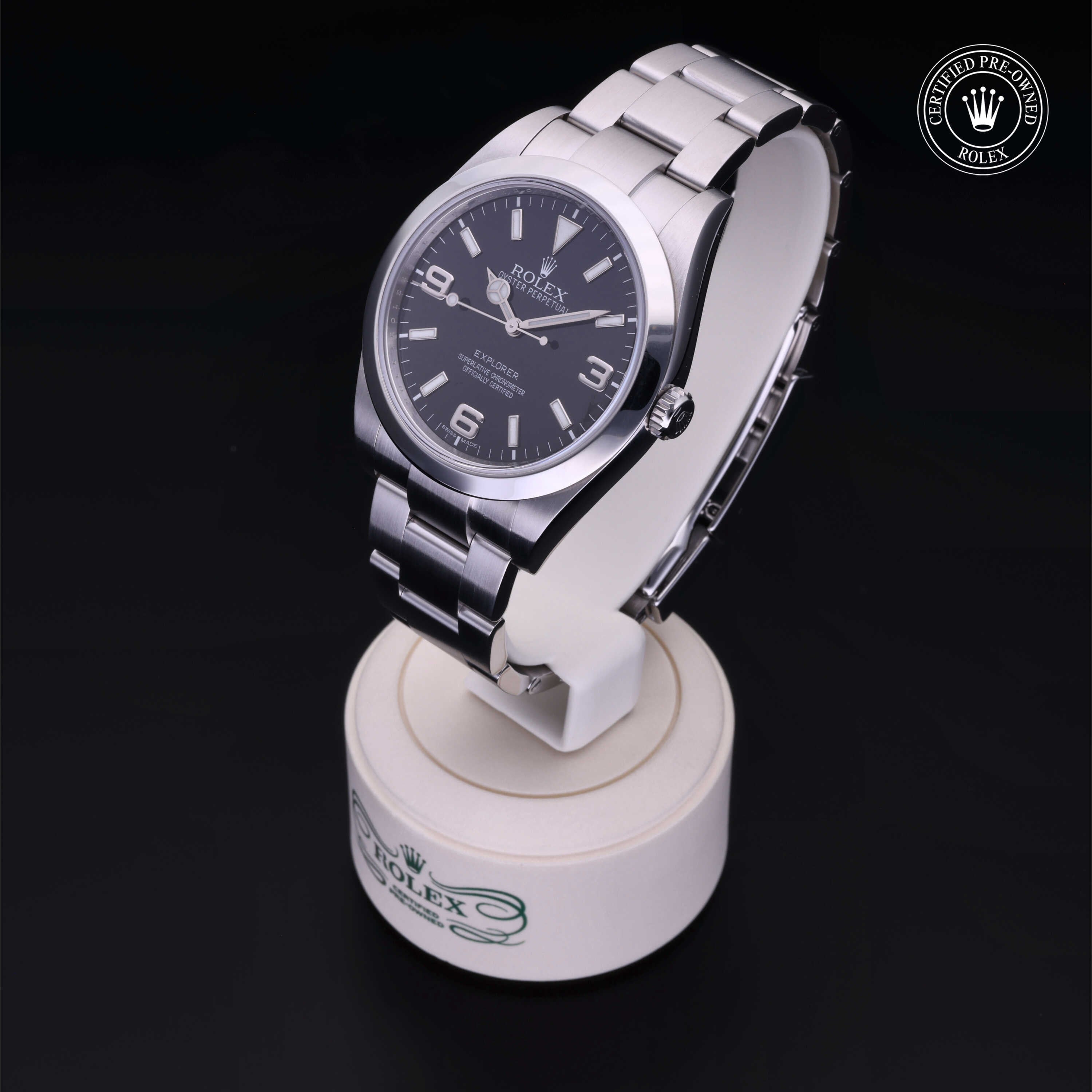 Rolex Certified Pre-owned Explorer M214270-0001 front on black background