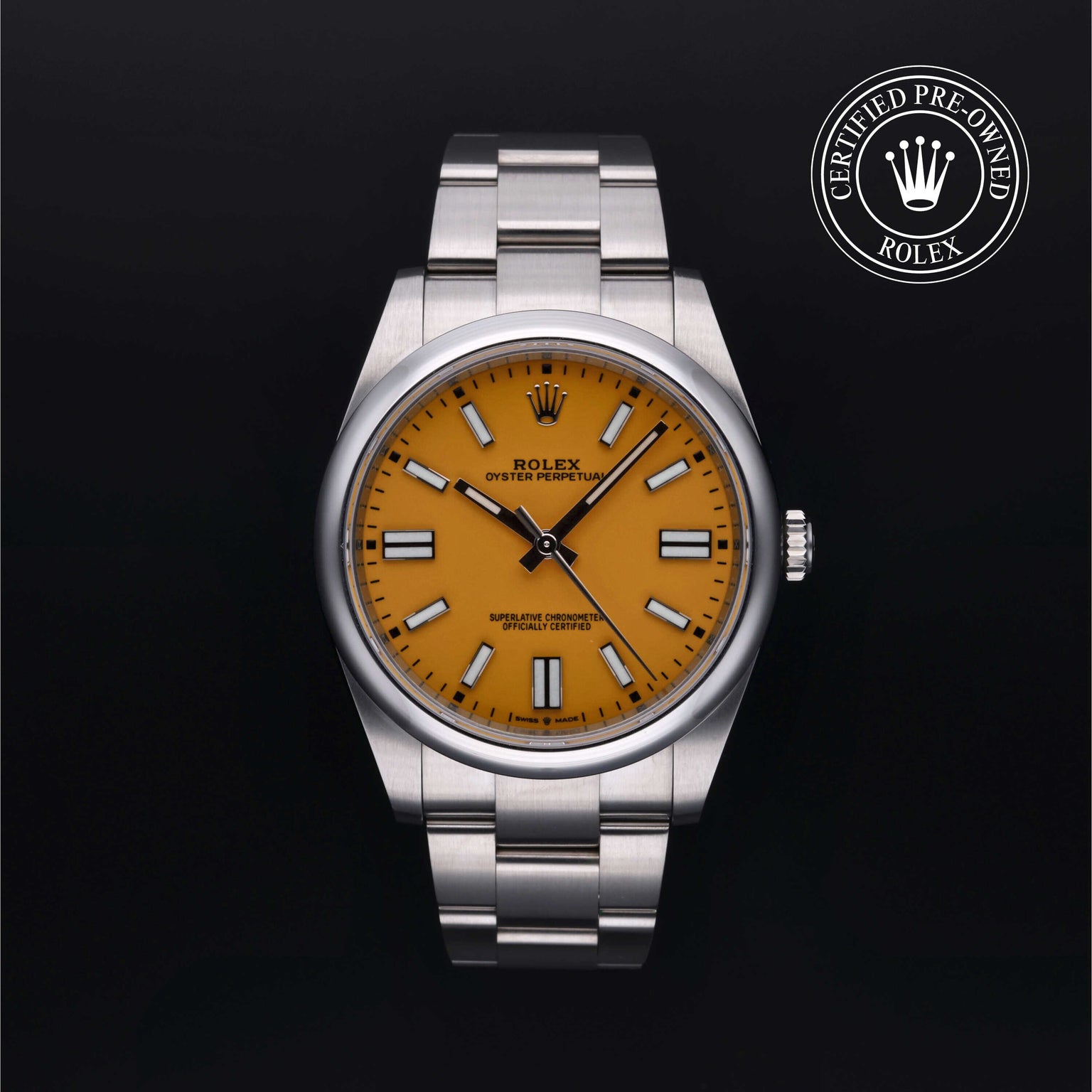 Rolex Certified Pre-owned Oyster Perpetual M124300-0004 front on black background