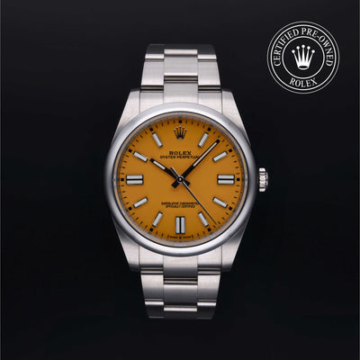 Rolex Certified Pre-owned Oyster Perpetual M124300-0004 front on black background