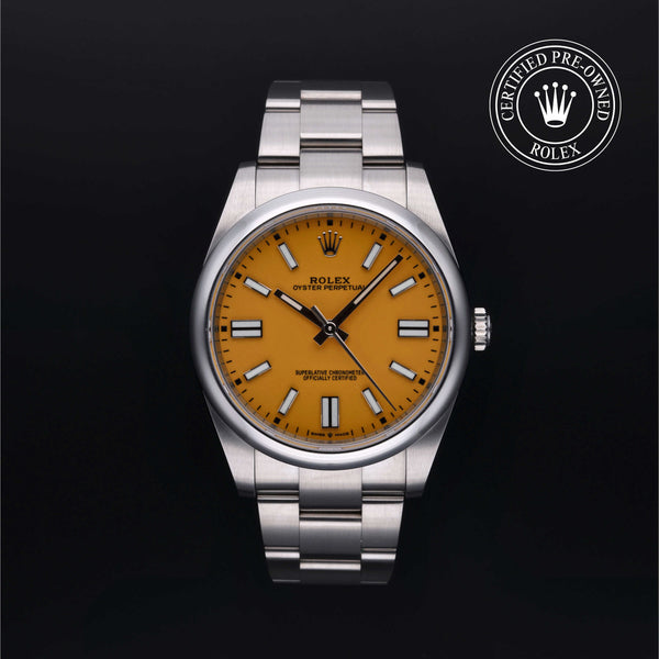 Rolex Certified Pre-owned Oyster Perpetual M124300-0004 front on black background