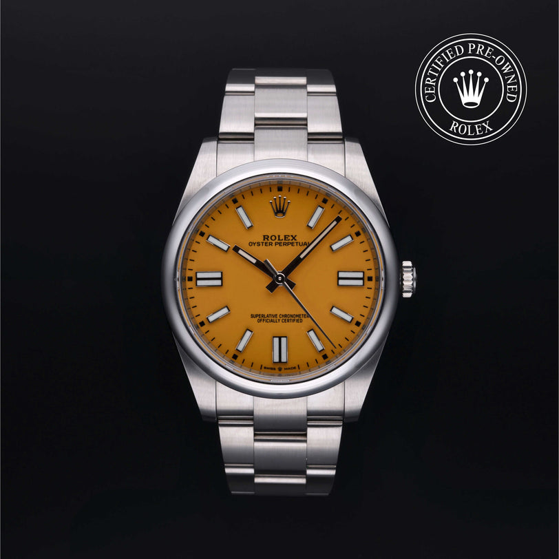 Rolex Certified Pre-owned Oyster Perpetual M124300-0004 front on black background